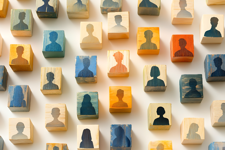 Colorful wooden person figurines arranged in a grid representing a workforce