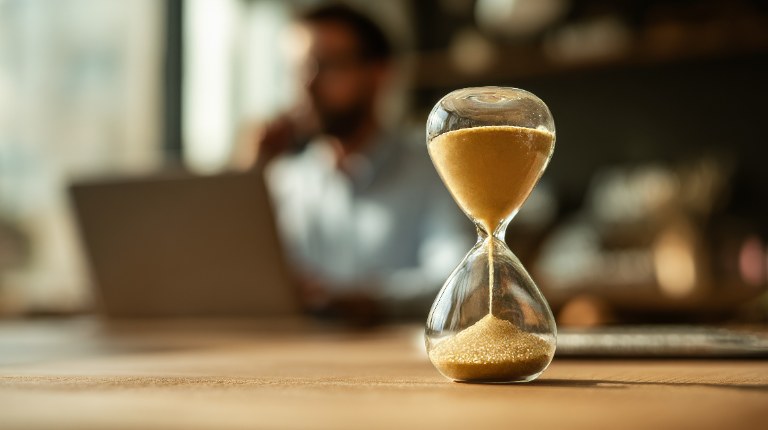 Hourglass on a desk with a person working in the background